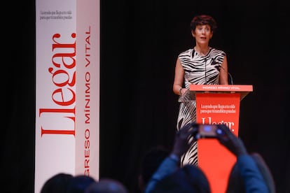 La ministra de Inclusión, Seguridad Social y Migraciones, Elma Saiz, durante un acto para conmemorar los cinco años del IMV.
