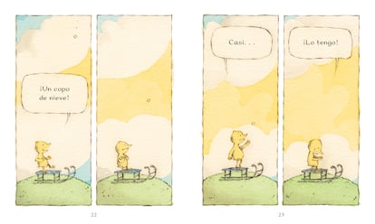 Cartoons uit 'Fox & Chick. Upstairs, Downstairs' van Sergio Ruzzier, in het Spaans uitgegeven door Liana.