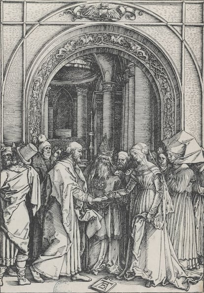 'Los desposorios de la Virgen' (hacia 1504-1505), xilografía a fibra. La escena recoge el matrimonio entre la Virgen y San José. La armónica composición fue descrita por el teórico Erwin Panofsky como sinfónica.