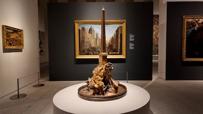 La 'Fuente de los cuatro ríos', con la figura del río Ganges, en su ubicación en la sala de los Austrias de la Galería de las Colecciones Reales, en Madrid, este jueves.