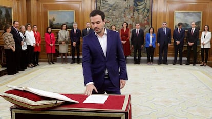 Alberto Garzón jura su cargo como ministro de Consumo este lunes en el Palacio de la Zarzuela.