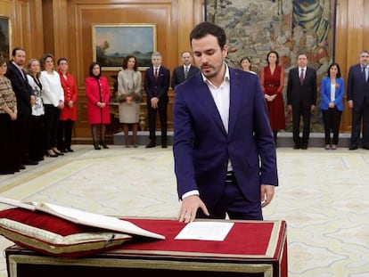 Alberto Garzón jura su cargo como ministro de Consumo este lunes en el Palacio de la Zarzuela.