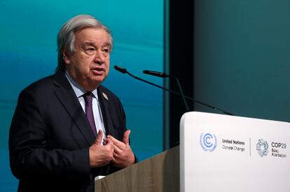 El secretario general de la ONU, António Guterres, durante su comparecencia este jueves en la sede de la COP29.