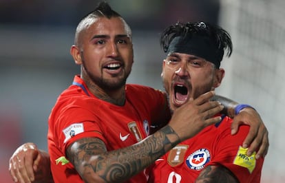 Vidal celebra su gol ante Venezuela.
