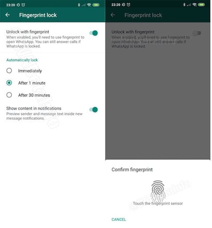 Opciones uso huellas WhatsApp
