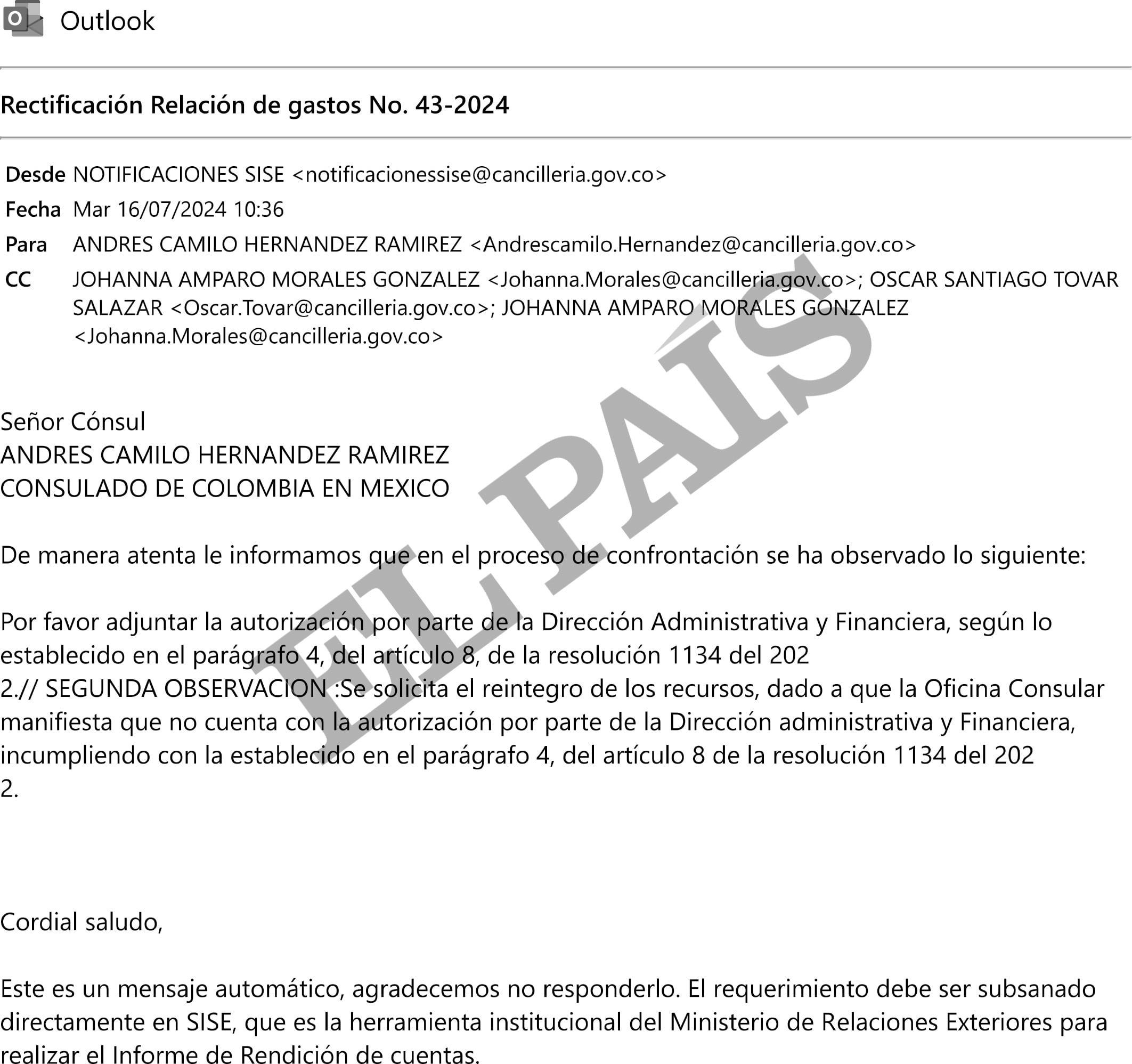 Solicitud formal de la cancillería para la devolución de 12.700 dólares.