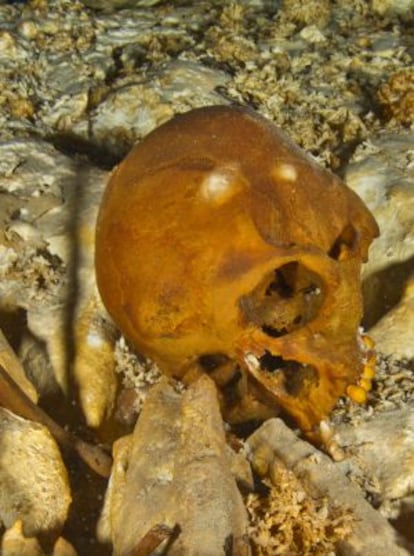 El cr&aacute;neo de Naia en el fondo de la cueva.