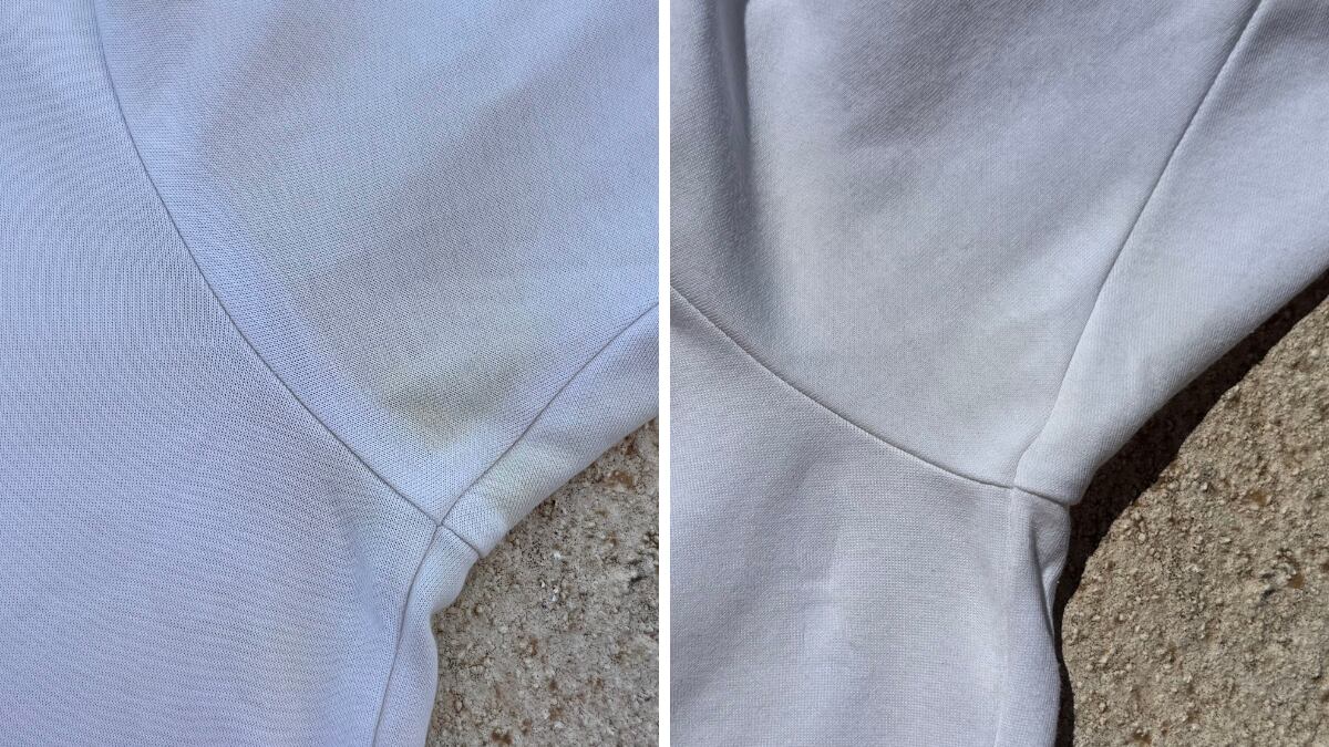 Antes y después de una mancha de sudor en una camiseta blanca de algodón.