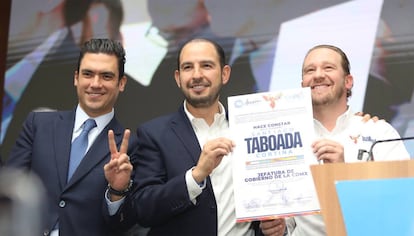 Jorge Romero y Marko Cortés acompañaron a Santiago Taboada a su registro como precandidato a jefe de gobierno de la Ciudad de México.