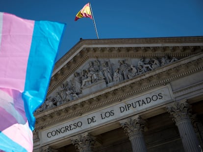 Una bandera ondea ante el Congreso de los Diputados en una manifestación por los derechos de las personas transexuales. EFE/Luca Piergiovanni