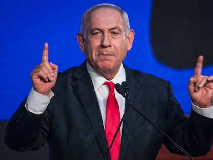 El primer ministro israelí, Benjamín Netanyahu, tras el cierre de los colegios electorales, el martes en Jerusalén.