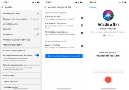 Añadir atajos de YouTube en Siri.