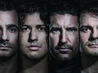 De izquierda a derecha Nine inch nails lo forman Josh Eustis, Ilan Rubin, Trent Reznor, Alessandro Cortini y Robin Finck.