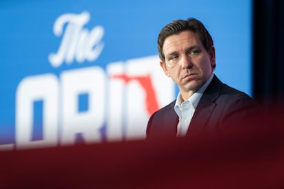 Florida Governor Ron DeSantis on April 19 in Charleston, South Carolina, in front of a mural that reads “Florida’s Example.”