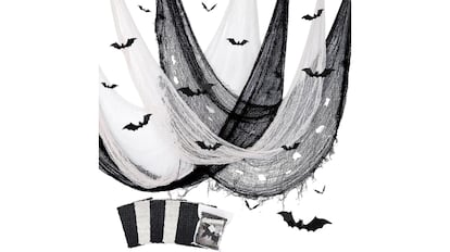 Pack de decoración de Halloween con telas de araña y murciélagos en color negro y blanco, ideal para exteriores