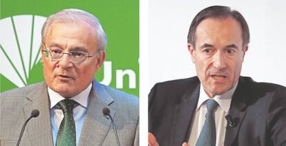 El presidente de Unicaja, Manuel Azuaga, y el consejero delegado del banco, Manuel Menéndez.