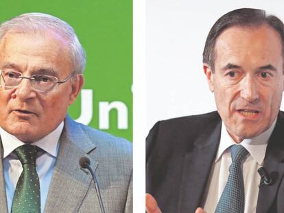 El presidente de Unicaja, Manuel Azuaga, y el consejero delegado del banco, Manuel Menéndez.