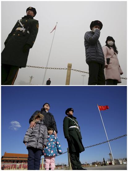 A combination photo shows visitors standing next to a paramilitary policeman as they visit the Tiananmen Square on a smoggy day on December 1, 2015 (top), and on a sunny day on December 2, 2015 (bottom), after a fresh cold front cleared the smog that was blanketing Beijing, China. REUTERS/Damir Sagolj