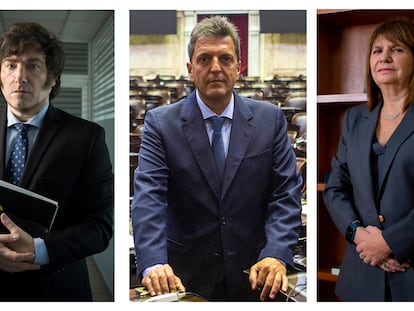 Los aspirantes a la Presidencia de Argentina Javier Milei, Sergio Massa y Patricia Bullrich.