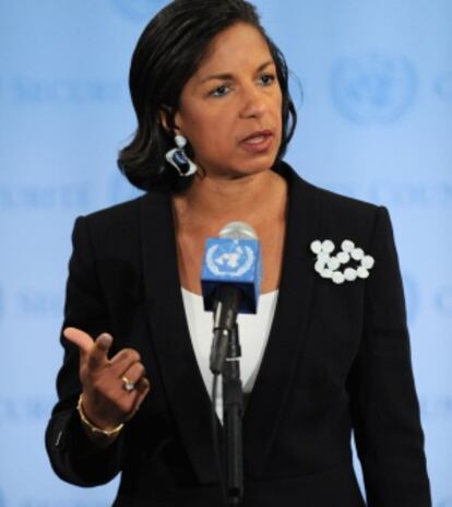 La embajadora estadounidese en la ONU, Susan Rice, durante la comparecencia de hoy.