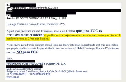 Un ingeniero de FCC escribe, en un correo escrito en catal&aacute;n, que existe un archivo &ldquo;exclusivamente interno&rdquo; que recoge 47 contenedores quemados y otro hinchado para el Ayuntamiento &ldquo;con 25 unidades m&aacute;s ficticias&rdquo;