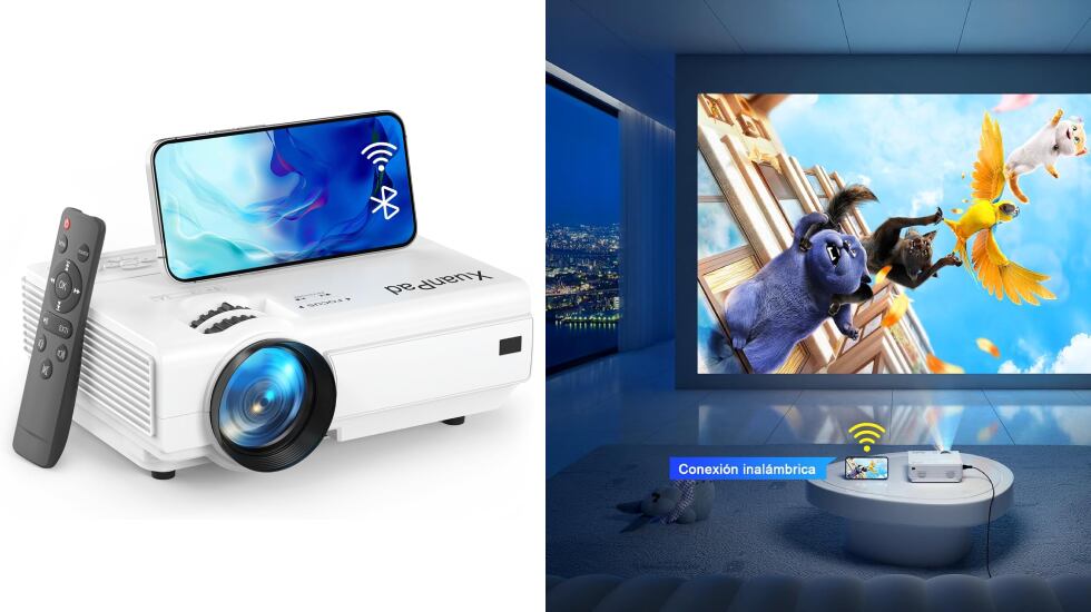 Proyector portátil con mando a distancia incluido.