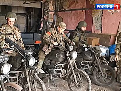 A Russian motorcycle battalion, the 123rd Motorized Zarya, in a report on Russian television channel VK.