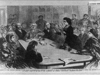 Victoria Woodhull argumentando en favor del voto femenino, en 1871.