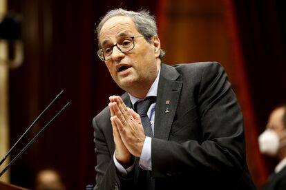 El presidente de la Generalitat, Quim Torra, durante su intervención en el debate de política general, en el Parlament de Cataluña.