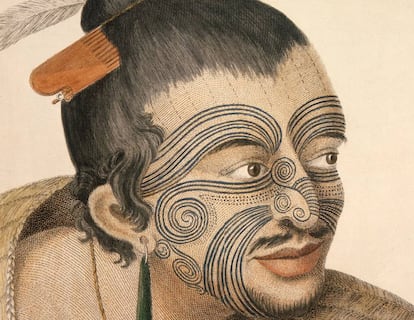 Uno de los primeros dibujos de los tatuajes maoríes hechos por Sydney Parkinson en 1769.