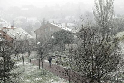 Un frente frío que ha entrado en la Comunidad de Madrid por el suroeste está provocando una nevada de carácter moderado. El Parque de Fuencarral lucía así de blanco a primera hora de la mañana.