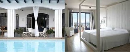 Piscina y una de las habitaciones del hotel Trias, en Palamós (Girona).