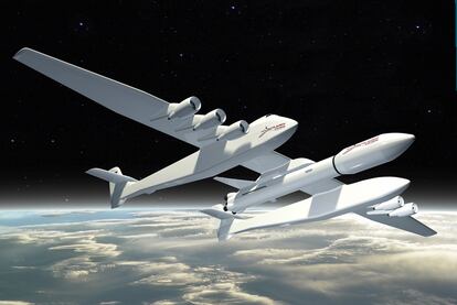 Ilustración del futuro Stratolaunch, un nuevo sistema para poner en órbita satélites y misiones científicas.