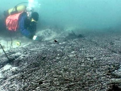 Un submarinista limpia una gran capa de fuel en el fondo marino cercano a la isla de Ons (Pontevedra).