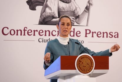 Claudia Sheinbaum habla durante la conferencia matutina de este miércoles en Palacio Nacional, en Ciudad de México.