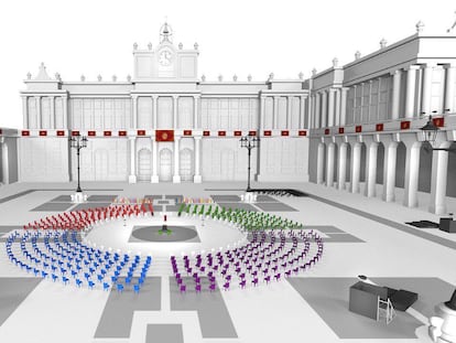 Representación virtual del acto de este jueves en la Plaza de la Armería del Palacio Real de Madrid.