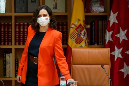 La presidenta de la Comunidad de Madrid, Isabel Díaz Ayuso, este lunes durante la reunión del Plan Territorial de Protección Civil de la Comunidad de Madrid.