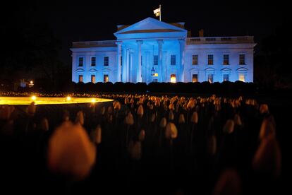 The North Portico of the White House is illuminated in blue for Autism Awareness Day, in Washington, U.S.