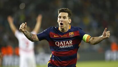 Messi celebra un gol a la Supercopa d'Europa a l'agost.