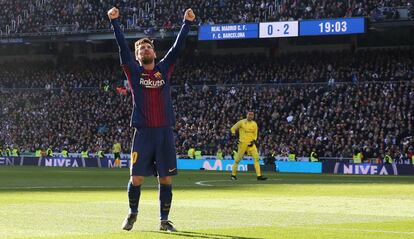 Messi celebra el seu gol al Reial Madrid.