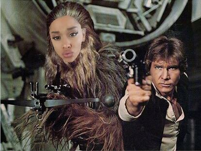 'Ariwaka': delirante mezcla de Ariana y Chewaka. A su lado un jovencísimo Harrison Ford/Han Solo. Es un montaje de la propia Ariana publicado en su Instagram.