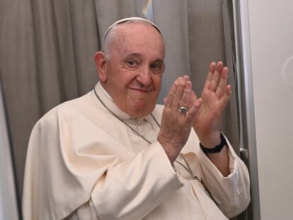 Pope Francis on the plane that took him from South Sudan to Rome this Sunday.