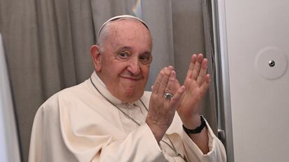 Pope Francis on the plane that took him from South Sudan to Rome this Sunday.