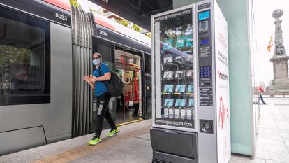 A face mask vending machine at a tramway station in the city of Zaragoza.