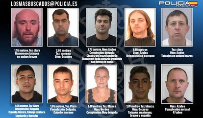 Cartel con los fugitivos más buscados en España publicado por la Policía este lunes. Bellido aparece en segundo lugar, en la fila superior.