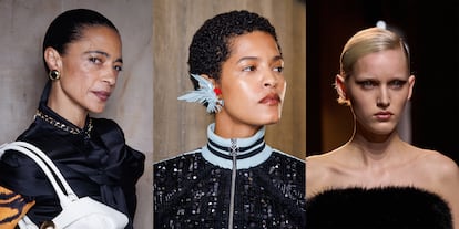 Desde la izquierda, el labial marrón translúcido en los desfiles O-I 25/26 de Marine Serre, Off-White y Elie Saab.