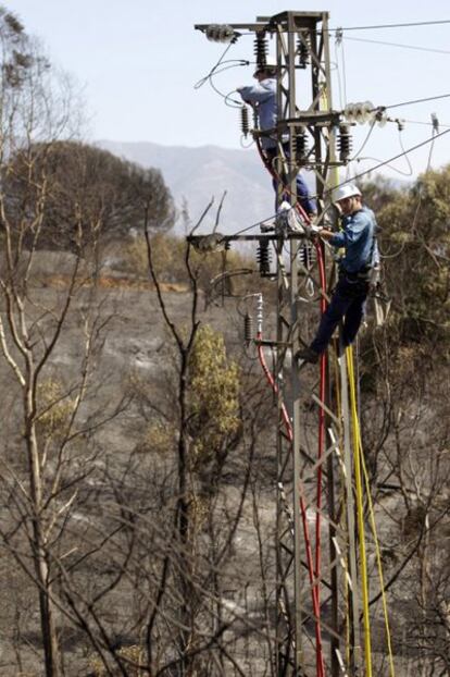 Unos operarios trabajan sobre una torre de electricidad en la zona afectada por el incendio forestal que se declaró ayer tarde en Mijas y que ha quemado unas 300 hectáreas en la localidad según el Ayuntamiento.