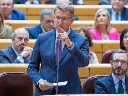 El presidente del PP, Alberto Núñez Feijóo, en la sesión de control al Gobierno en el Senado de este martes.