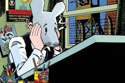 A self-portrait of Spiegelman with the 'Maus' mask on.