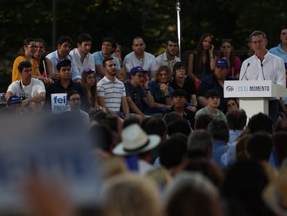 El candidato del PP a la presidencia, Alberto Núñez Feijóo, protagoniza un mitin celebrado este jueves en Madrid.